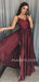 A-line Burgundy Chiffon Beaded Spaghetti Straps Long Evening Prom Dresses, Cheap Custom Prom Dresses, MR7489