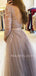 A-line See Throuth Long Sleeves Tulle Side Slit Long Lace Evening Prom Dresses, Cheap Custom V Neck Prom Dress, MR7505