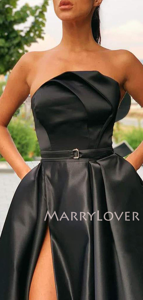 A-line Black Satin Side Slit Long Strapless Evening Prom Dresses, Cheap Custom Prom Dresses, MR7509