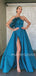 A-line Satin Side Slit Long Strapless Evening Prom Dresses, Cheap Custom Prom Dresses, MR7515