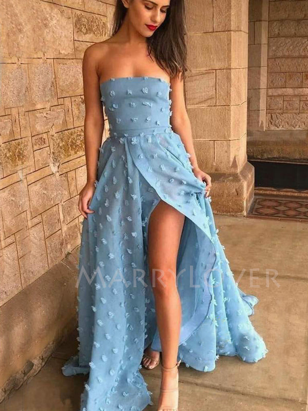 A-line Sky Blue 3D Lace Side Slit Long Evening Prom Dresses, Cheap Custom Prom Dress, MR7542