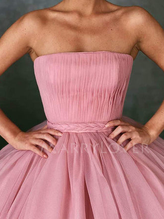 Ball Gown Pink Tulle Strapless Long Evening Prom Dresses, Cheap Custom Prom Dresses, MR7549