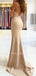Mermaid Champagne Stretch Satin Spaghetti Straps Long Evening Prom Dresses, Cheap Custom Prom Dresses, MR7499