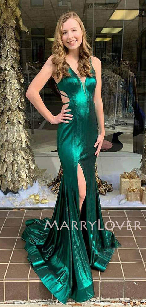 Mermaid Green Satin Spaghetti Straps Long Backless Evening Prom Dresses, Cheap Custom prom dresses, MR7564