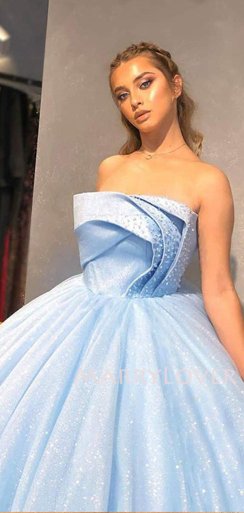 Ball Gown Sky Blue Tulle Beaded Strapless Long Sparkle Evening Prom Dresses, Cheap Custom Prom Dresses, MR7565