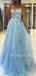 Blue Tulle Appliques A-line Lace Long Strapless Evening Prom Dresses, Cheap Custom Prom Dresses, MR7577