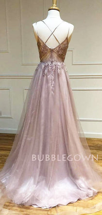 Sexy Deep V Neck Dusty Pink Tulle Appliques Beaded Lace Long Evening Prom Dresses, Cheap Custom Prom Dresses, MR7581