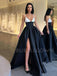 A-line Black Satin Spaghetti Straps Long V-neck Evening Prom Dresses, Cheap Custom prom dresses, MR7601
