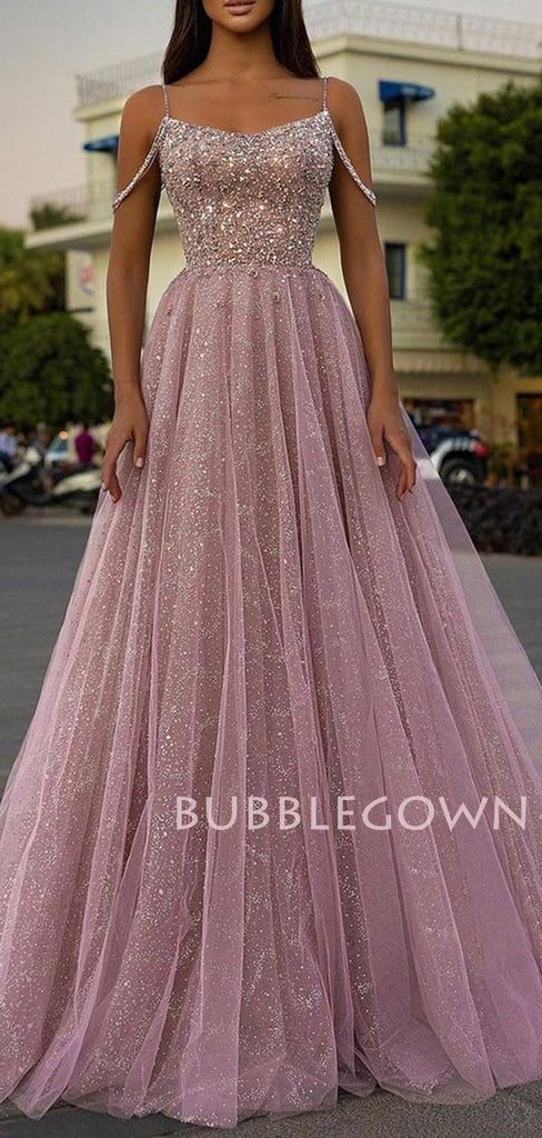 Spaghetti Straps Pink Tulle Beaded Long Evening Prom Dresses, Cheap Custom Prom Dresses, MR7602