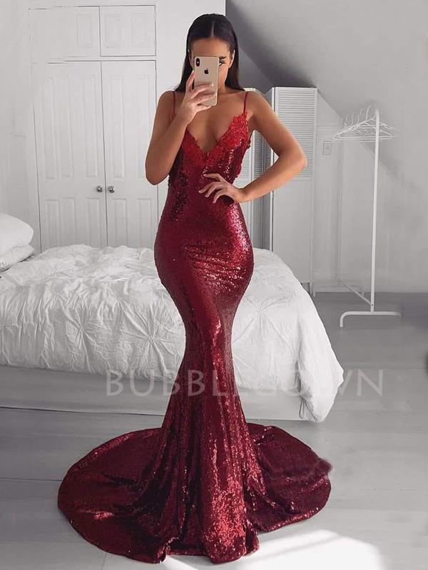 Deep V-neck Burgundy Sequin Mermaid Long Evening Prom Dresses, MR7617