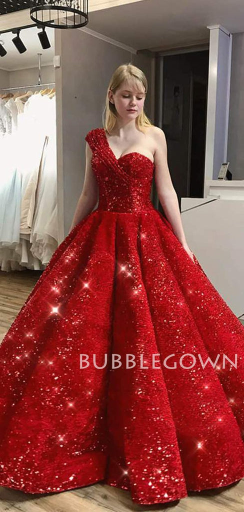 Ball Gown One Shoulder Burgundy Sequin Long Evening Prom Dresses, MR7619