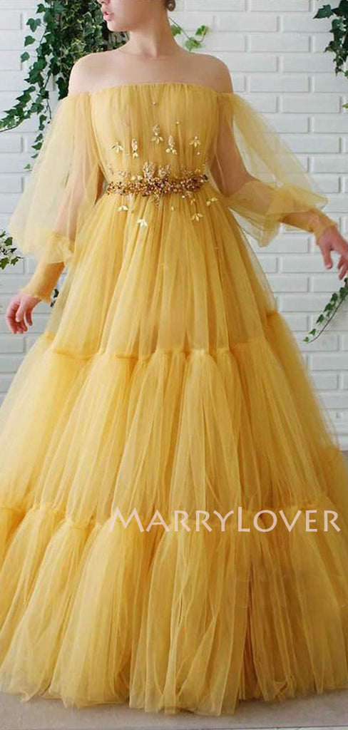 Off Shoulder Long Sleeves Yellow Tulle Long Evening Prom Dresses, Cheap Custom Prom Dress, MR7633