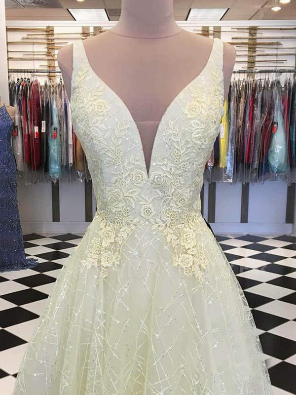 A-line Attractive V-neck Yellow Tulle Appliques Sparkle Long Evening Prom Dresses, Cheap Custom Prom Dress, MR7634