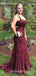 Burgundy Lace Tulle Appliques Spaghetti Straps Mermaid Long Evening Prom Dresses, MR7655