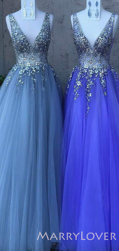 A-line Attractive V-neck Tulle Beaded Long Evening Prom Dresses, Cheap Custom Prom Dresses, MR7658