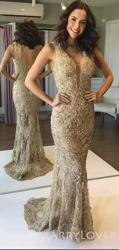 Deep V-neck Mermaid Gold Lace Beaded Appliques Long Evening Prom Dresses, MR7661