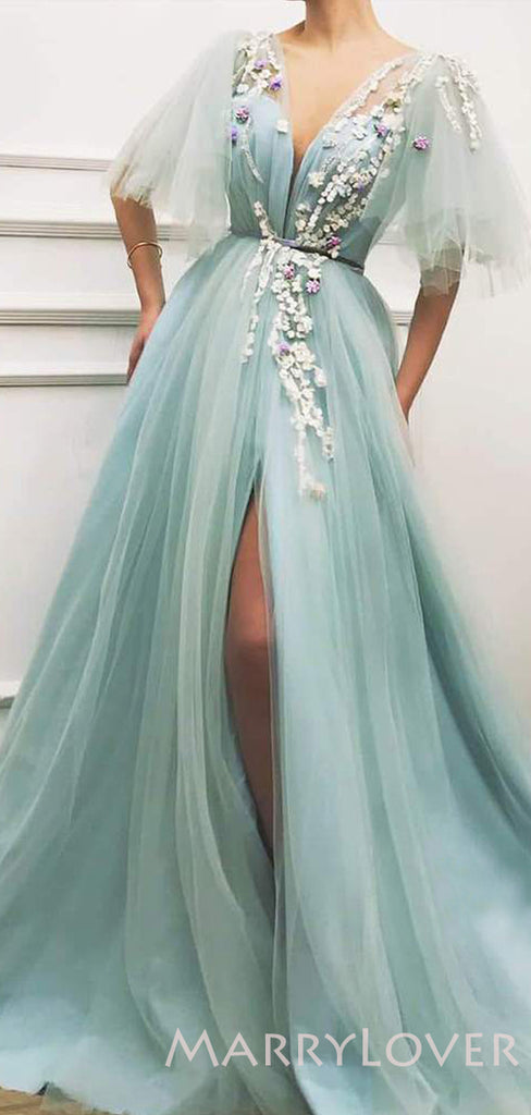 A-Line Sky Blue Tulle Appliques Side Slit Long Evening Prom Dresses, Cheap Custom Prom Dress, MR7667