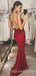 Sexy Backless Burgundy Sequin Spaghetti Straps  Long Mermaid Evening Prom Dresses, Cheap Custom Prom Dresses, MR7671