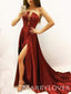 A-line Burgundy Satin V-neck Long Evening Prom Dresses, Cheap Custom Prom Dress, MR7678