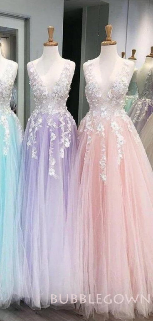 Pink Tulle A-line V Neck Appliques Long Lace Evening Prom Dresses, Cheap Custom Prom Dresses, MR7697