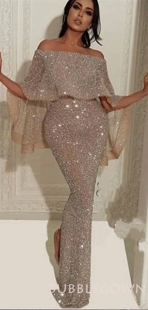 Off shoulder Mermaid Long Sequin Evening Prom Dresses, Cheap Custom Prom Dresses, MR7700