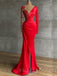 Mermaid Red Satin V-neck Appliques Long Evening Prom Dresses, Cheap Custom prom dresses, MR7705