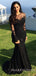 Black Tulle Appliques Mermaid Long Sleeves Beaded Lace Long Evening Prom Dresses, MR7707