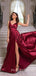 A-line Jade Satin V-neck Long High Slit  Evening Prom Dresses, MR7709