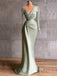 Mermaid Sage Satin V-neck Long Sleeves Long Evening Prom Dresses, Cheap Custom prom dresses, MR7710
