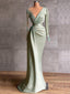 Mermaid Sage Satin V-neck Long Sleeves Long Evening Prom Dresses, Cheap Custom prom dresses, MR7710