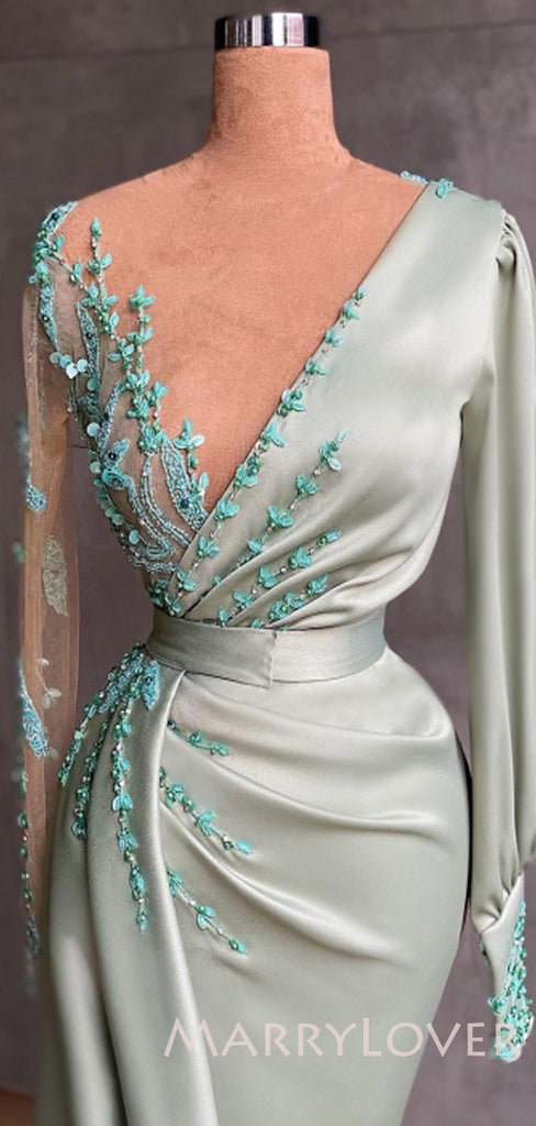 Mermaid Sage Satin V-neck Long Sleeves Long Evening Prom Dresses, Cheap Custom prom dresses, MR7710