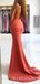 Coral Satin Spaghetti Straps Mermaid Long Evening Prom Dresses, Cheap Custom prom dresses, MR7719