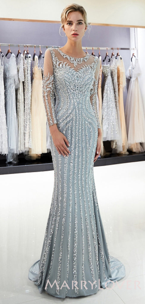 Long Sleeves Mermaid Beaded Luxury Silver Long Evening Prom Dresses, Cheap Custom Prom Dresses, MR7724