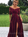 Off Shoulder Half Sleeves A-line Burgundy Satin Appliques Long Evening Prom Dresses, Cheap Custom prom dresses, MR7726