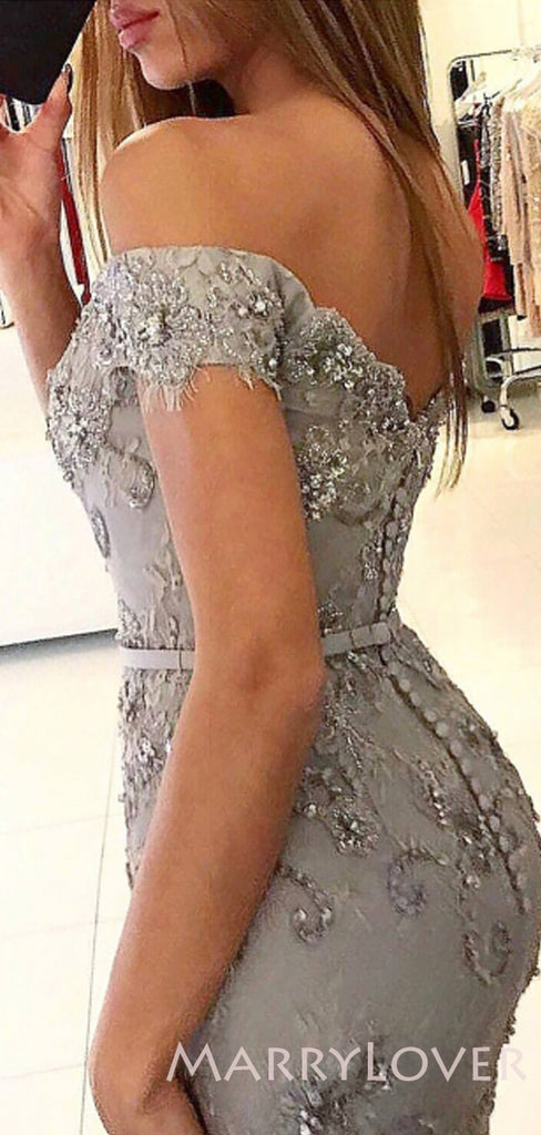 Off Shoulder Mermaid Grey Tulle Lace Appliques Long Evening Prom Dresses, Cheap Custom Prom dresses, MR7735