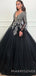 Long Sleeves Appliques Deep V-neck Ball Gown Black Tulle Long Evening Prom Dresses, Cheap Custom Prom Dresses, MR7741