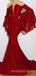 Deep V-neck Off Shoulder Red Lace Long Sleeves Mermaid Long Evening Prom Dresses, MR7742