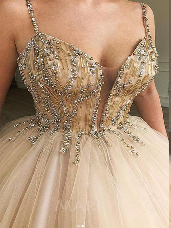 Deep V-neck Ball Gown Spaghetti Straps Tulle Beaded Long Evening Prom Dresses, Cheap Custom Prom Dresses, MR7743