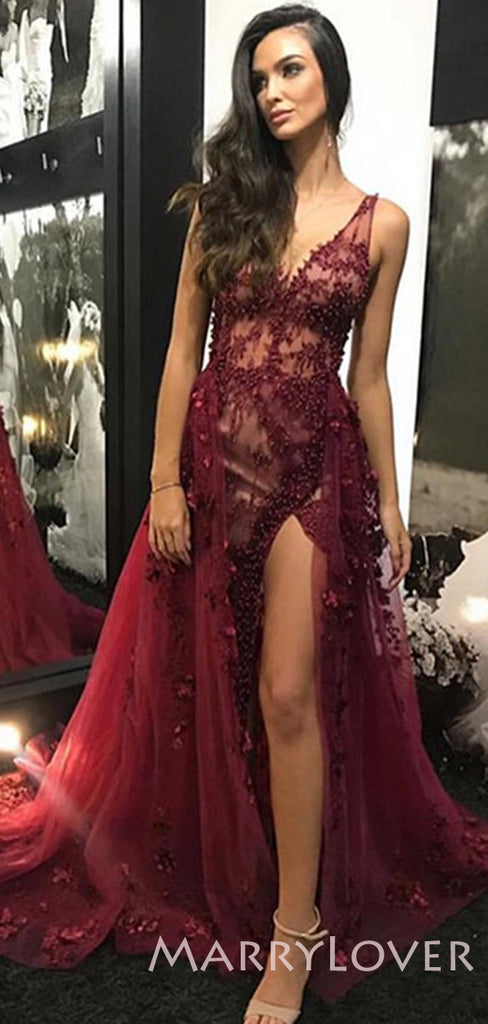 A-line Two Pieces Burgundy Tulle Appliques Beaded Long Evening Prom Dresses, Cheap Custom Prom Dress, MR7749