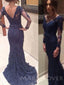 Navy Blue Lace Long Sleeves Applique Mermaid Long Evening Prom Dresses, MR7761