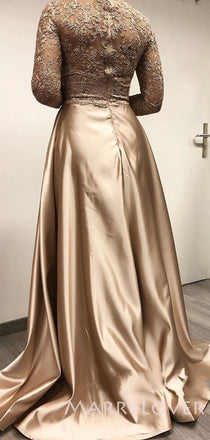 Long Sleeves Mermaid Champagne Gold Lace Long Evening Prom Dresses, MR7779