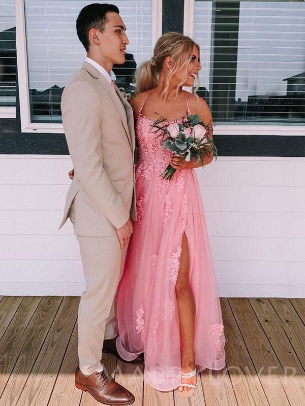 A-line Spaghetti Straps Pink Tulle Appliques Side Slit Lace Long Evening Prom Dresses, MR7792