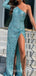 One Shoulder Long Sleeves Tiffany Blue Sequin Long Mermaid Evening Prom Dresses, Cheap Custom Prom Dresses, MR7793