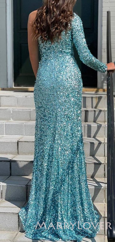 One Shoulder Long Sleeves Tiffany Blue Sequin Long Mermaid Evening Prom Dresses, Cheap Custom Prom Dresses, MR7793