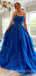 Blue Tulle A-line Spaghetti Straps Appliques Lace Long Evening Prom Dresses, MR7797