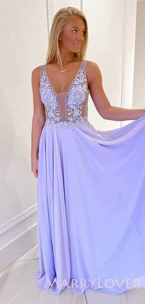 Lavender Chiffon A-line Appliques Long Evening Prom Dresses, Cheap Custom Prom Dresses, MR7799