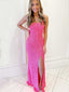 Mermaid Hot Pink Sequin Spaghetti Straps Long Evening Prom Dresses, Cheap Custom Prom Dresses, MR7800