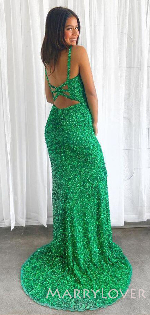Mermaid Green Sequin V-neck Long Evening Prom Dresses, Cheap Custom Prom Dresses, MR7801