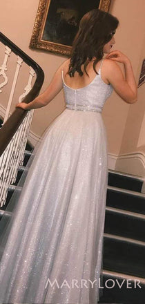 A-line Silver Tulle Sparkly Spaghetti Straps Long Evening Prom Dresses, Cheap Custom Prom Dress, MR7820