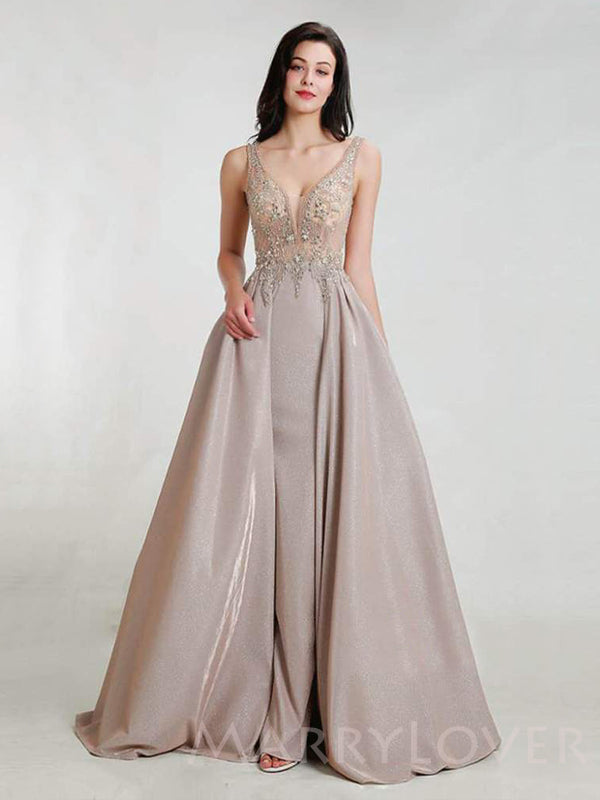 A-Line Sparkly Beaded V Neck Long Evening Prom Dresses, Cheap Custom Prom Dresses, MR7825